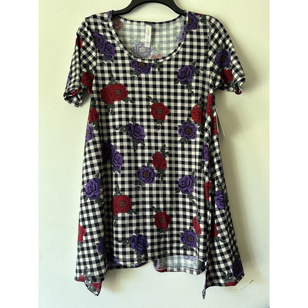 LuLaRoe Perfect Tee Blouse Top Women's XXS Black White Check Floral